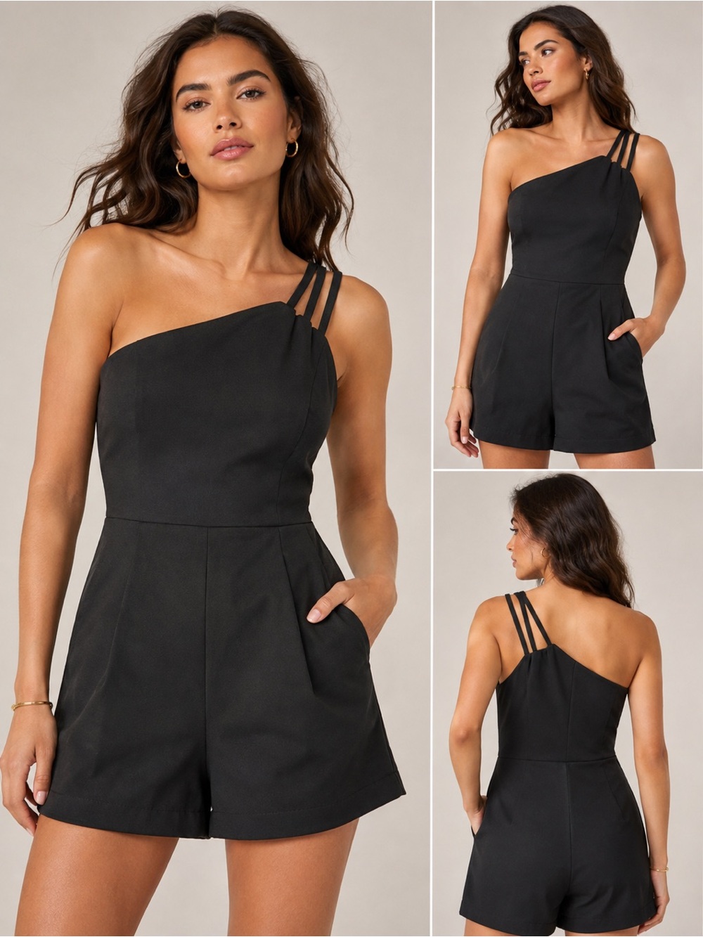 CIDER Black One Shoulder Strappy Romper Asymmetrical Tailored Shorts. Size L - Picture 6 of 6